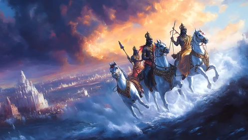 Heroic riders charge across shimmering celestial waves.