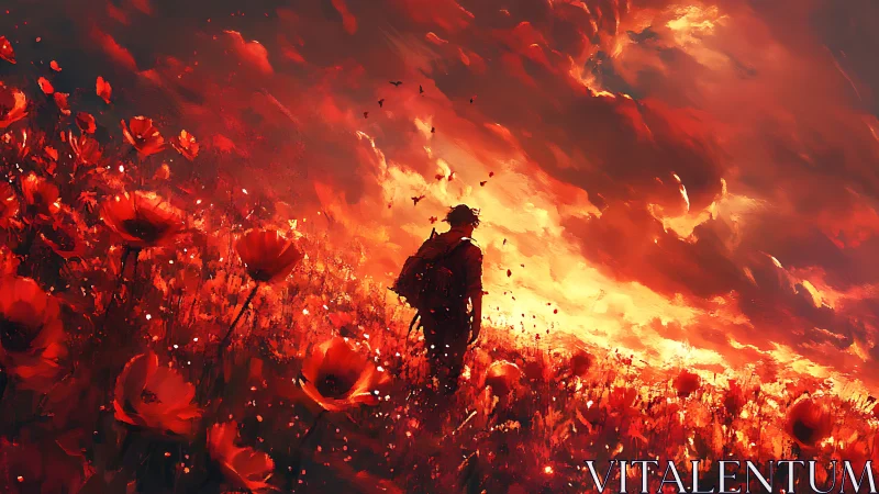 Silhouetted figure standing amid blazing red flower field