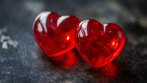 Crimson Glass Hearts With Luminous Glow.