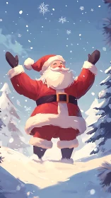 Joyful Santa Claus celebrates snowfall in winter forest