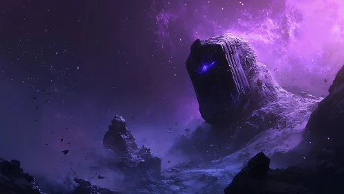 Colossal cosmic stone sentinel emerges in violet nebular void