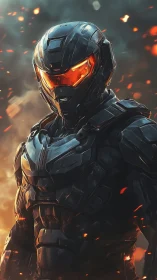 Ember-visor sentinel in stormlit exosuit armor blaze.