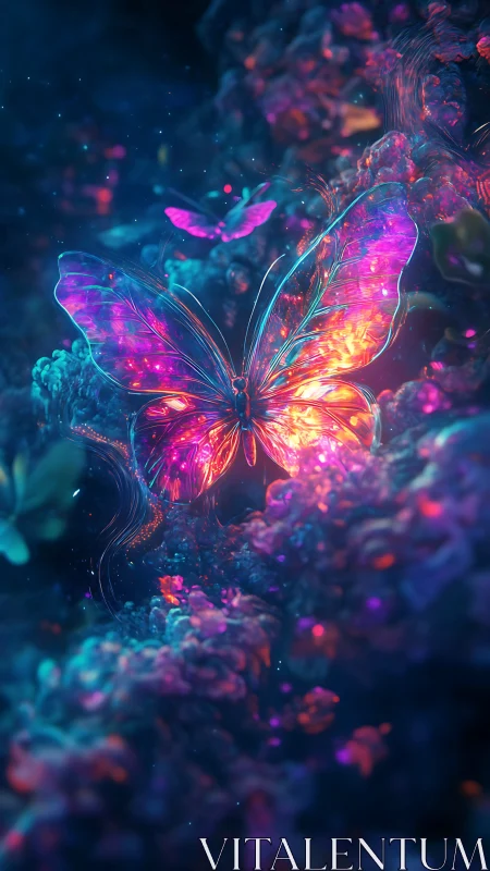 Neon butterfly glows over bioluminescent dream flora.