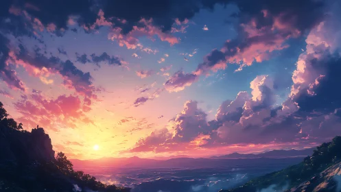 Sunset illuminates stratified clouds above distant valley