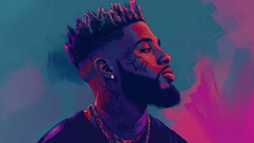 Neon duotone hip-hop portrait with tattoos and gradient bokeh