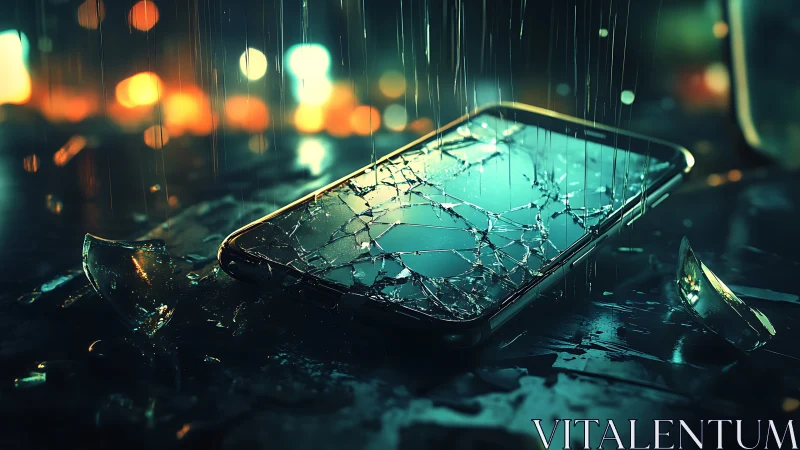 Shattered phone in the rain capturing a quiet city heartbreak.