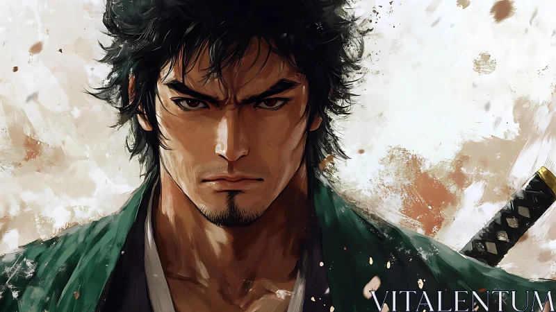 Stoic samurai portrait in green robe with sword sheath.