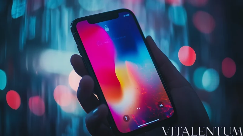 Glowing smartphone screen illuminates a neon city night