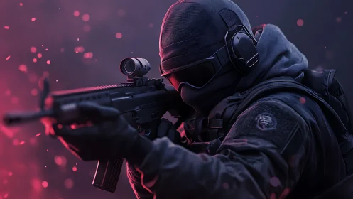 Tactical operative aiming rifle in neon red bokeh glow.