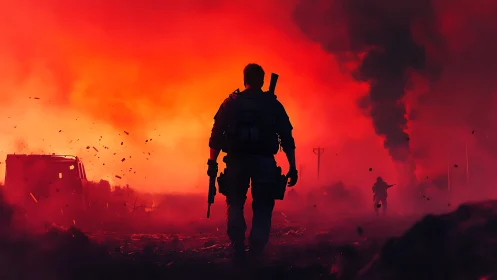 Soldier walks toward burning battlefield under red sky