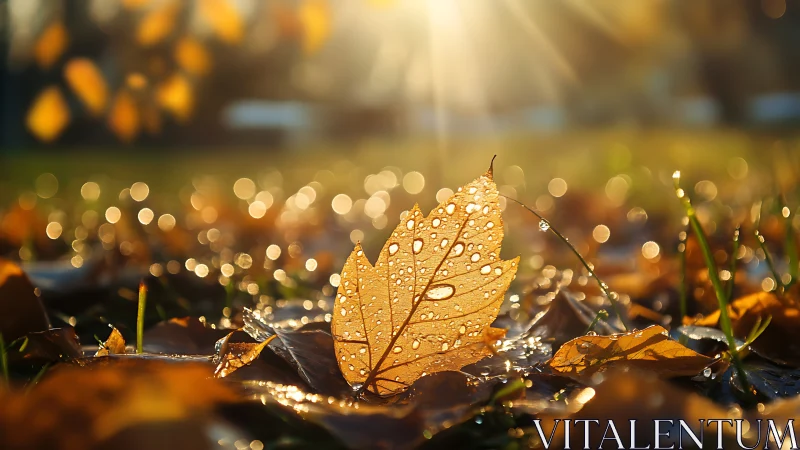 Golden morning leaf sparkling with dewdrops in soft sunlight.