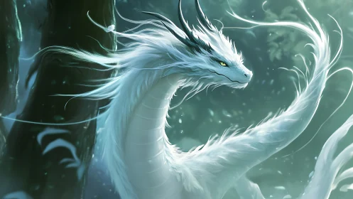 White serpentine dragon coils through misty enchanted forest