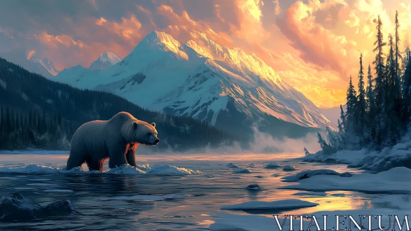 Golden sunset welcomes a calm bear in a snowy mountain river