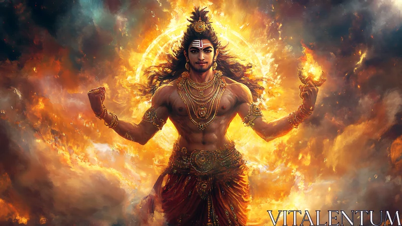 Mythic fire deity in radiant golden inferno vortex