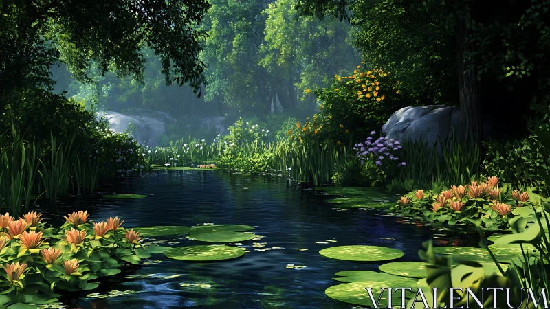 Sunlit forest pond with water lilies rendered in digital realism