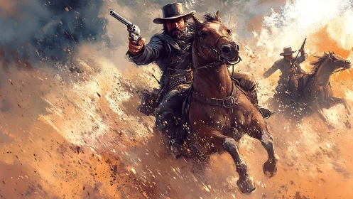 Outlaw gunslinger charges through blazing desert dust storm.