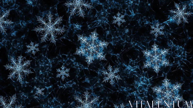 Fractal style digital pattern of multiple blue snowflakes.