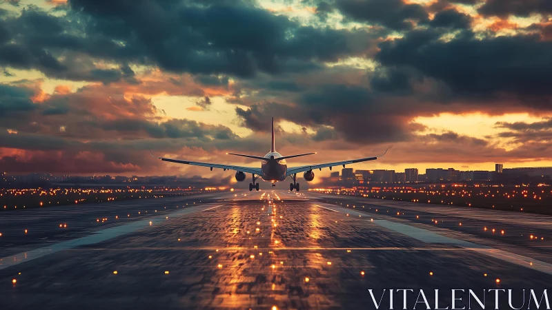 Sunset runway welcome as a passenger jet glides home.