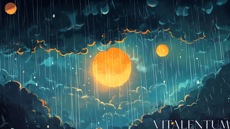 Illustrated sky shows twin orange orbs behind stylized rainfall