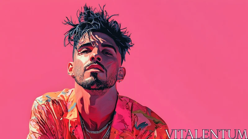 Stylized male portrait against uniform pink background.