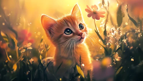 Kitten in Sunlit Wildflower Field with Warm Glow.
