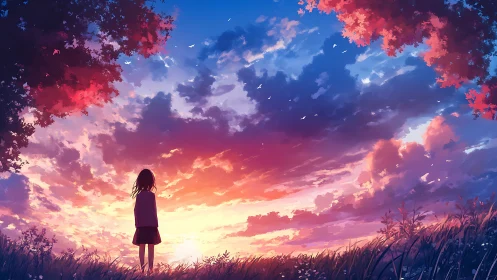 Girl watches blazing sunset beneath vivid painted sky.