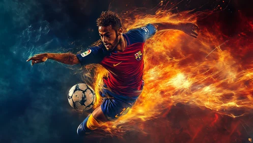 Dynamic football striker rendered in fiery motion blur effects