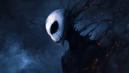 Voidborn wraith with cracked skull mask in stormy night.