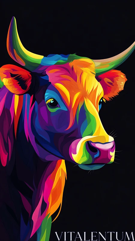 Vibrant multicolor cow portrait glows on deep black