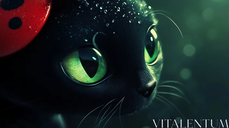 Black Cat with Luminous Green Eyes and Red Ladybug.