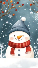 Smiling snowman illustration in snowy winter landscape.