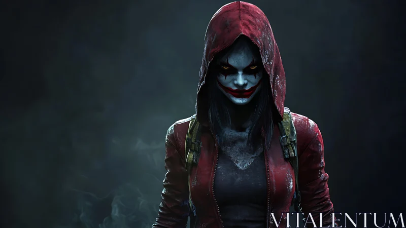 Sinister hooded killer in red jacket with smeared smile