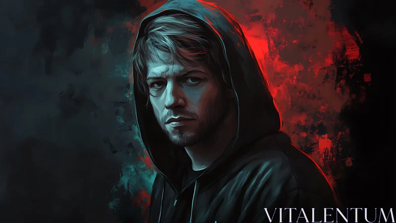 Hooded male portrait uses dual color lighting and painted texture