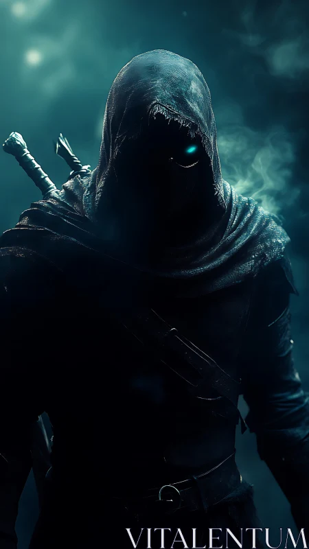 Hooded rogue with glowing eye stalks through misty teal void