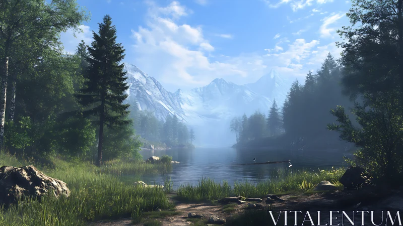 Alpine lake mirrors snowy peaks under clear blue skies.