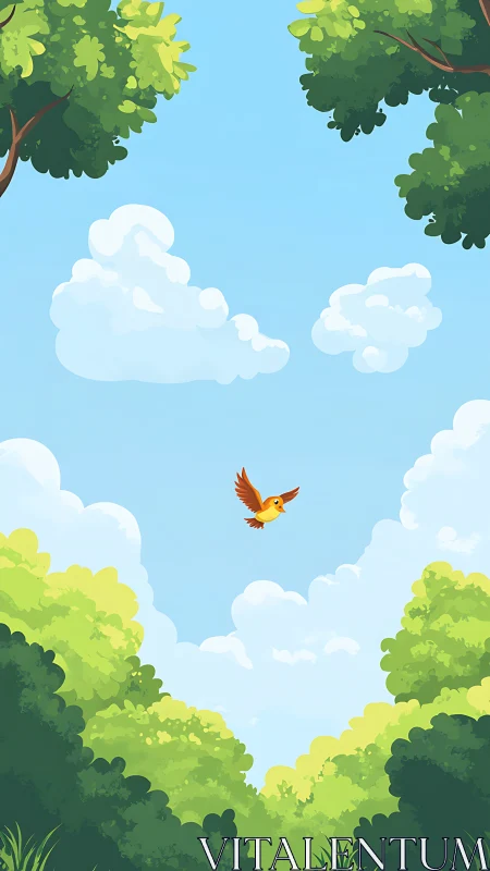 Golden bird soars through luminous sky framed by verdant foliage.