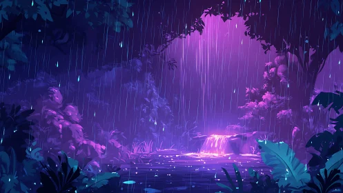 Bioluminescent Jungle Waterfall: Cyberpunk Neon Digital Landscape.