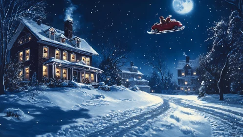 Snowy Christmas street glows as flying red car passes overhead.
