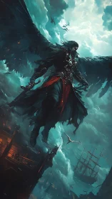 Stormborn raven angel descends above burning pirate harbor.