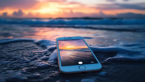 Smartphone Captures Ocean Sunset in Shallow Waves.