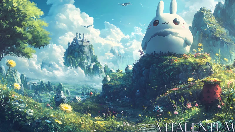 Giant bunny spirit overlooking lush floating kingdom valley.