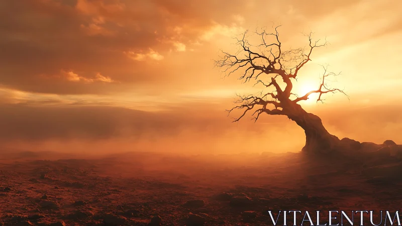 Lonely desert tree stands against blazing sunset sky.