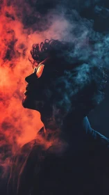 Silhouetted person in colored smoke with reflective eyewear.