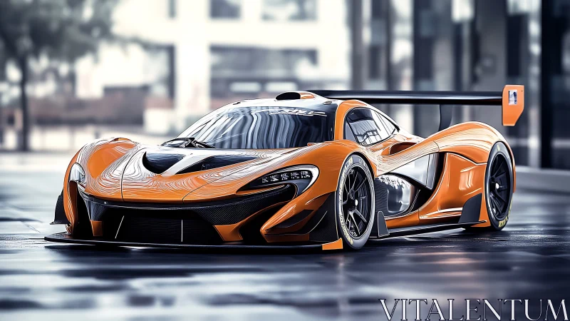 Liquid copper hypercar prowling a glassy urban paddock.