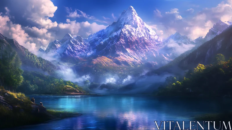 Majestic snow peak reflected over luminous alpine lake.