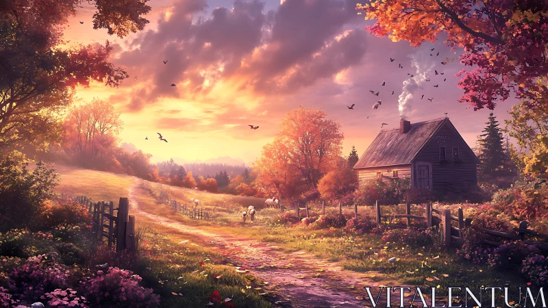 Autumn farmhouse at golden hour rendered in vivid digital painting