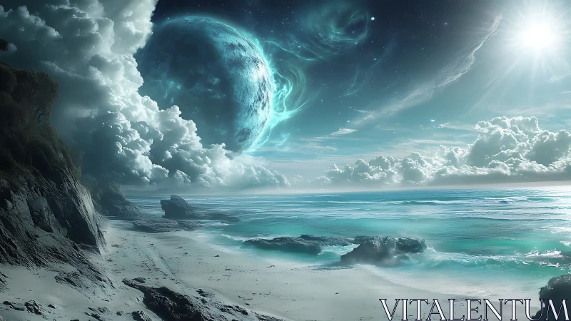 Dreamlike turquoise shore under a luminous alien sky.
