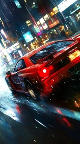 Red mid‑engine sports car on wet neon city street at night