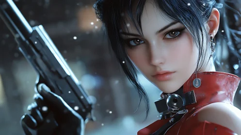 Gunmetal-eyed night assassin framed in quiet snowfall.