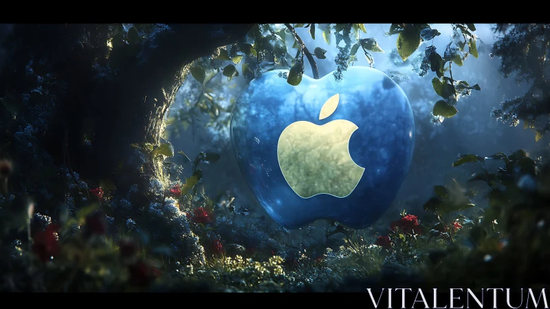 3D luminous apple emblem suspended in enchanted forest scene.